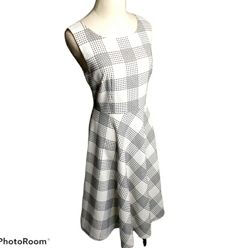 Talbots Fit/Flare Dress M Full Woven Criss Cross Check Sleeveless Modest Career
